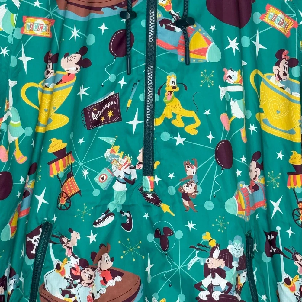Disney Parks Anorak Windbreaker Jacket Mens Large Green Character Print Retro